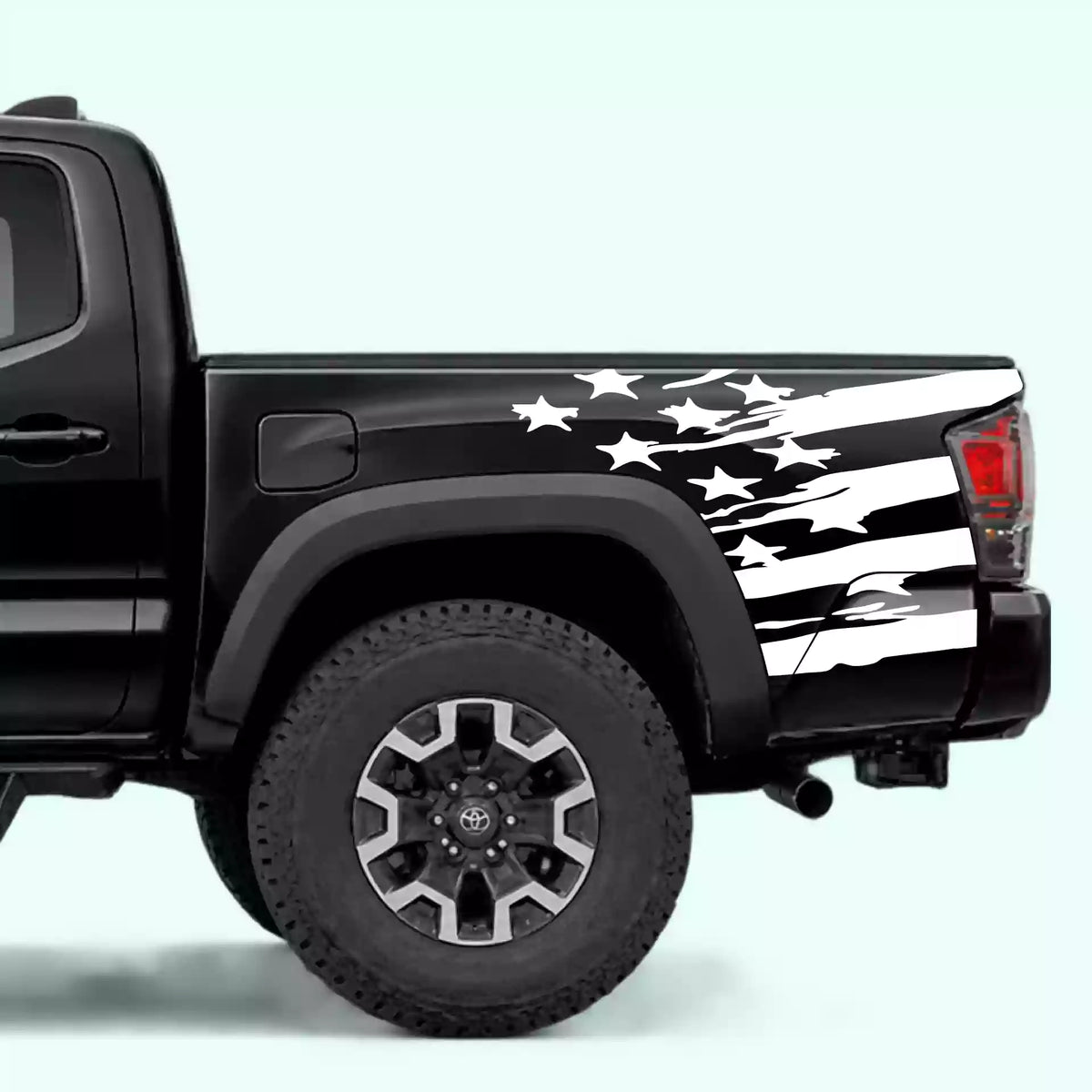 2016-2023 Toyota Tacoma USA Flag Shred Bed Decals Vinyl Graphics Kit White
