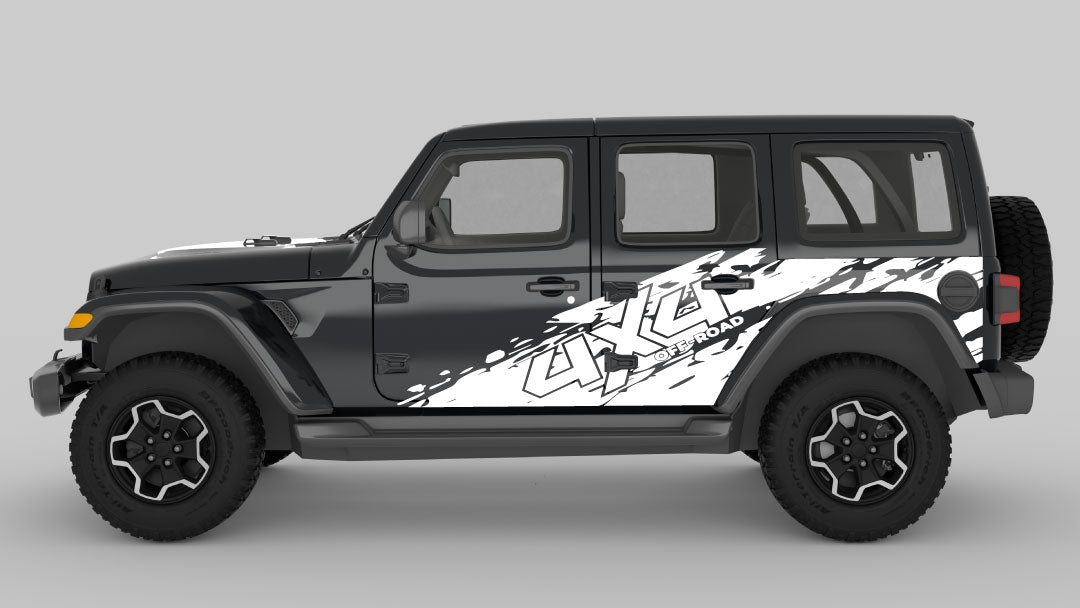 White 4x4 Off-Road Tear Away Side Decals on Black Jeep Wrangler JL