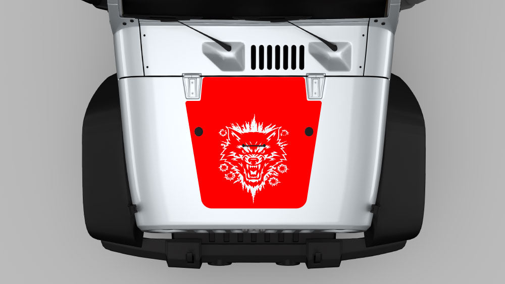 Gray alpha wolf hood decal on black Jeep Wrangler JK hood