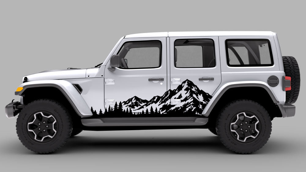 Jeep Wrangler JL JLU with Alpine Ridge mountain and forest side rocker decal in black