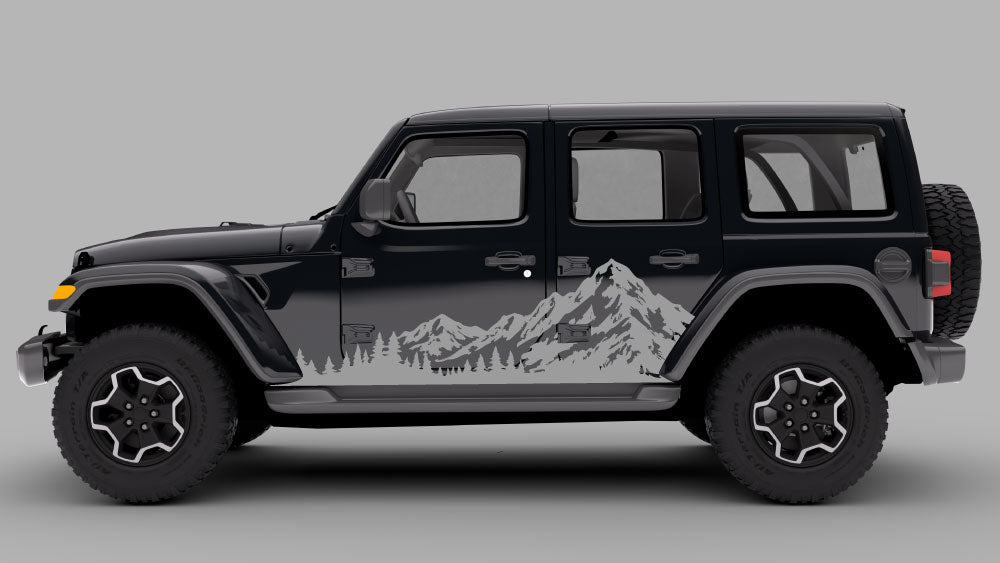 Black Jeep Wrangler JL JLU with Alpine Ridge mountain and forest side decal in gray