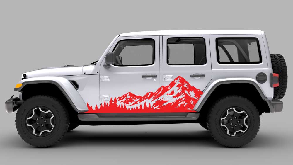 Jeep Wrangler JL JLU with Alpine Ridge mountain and forest side rocker decal in red