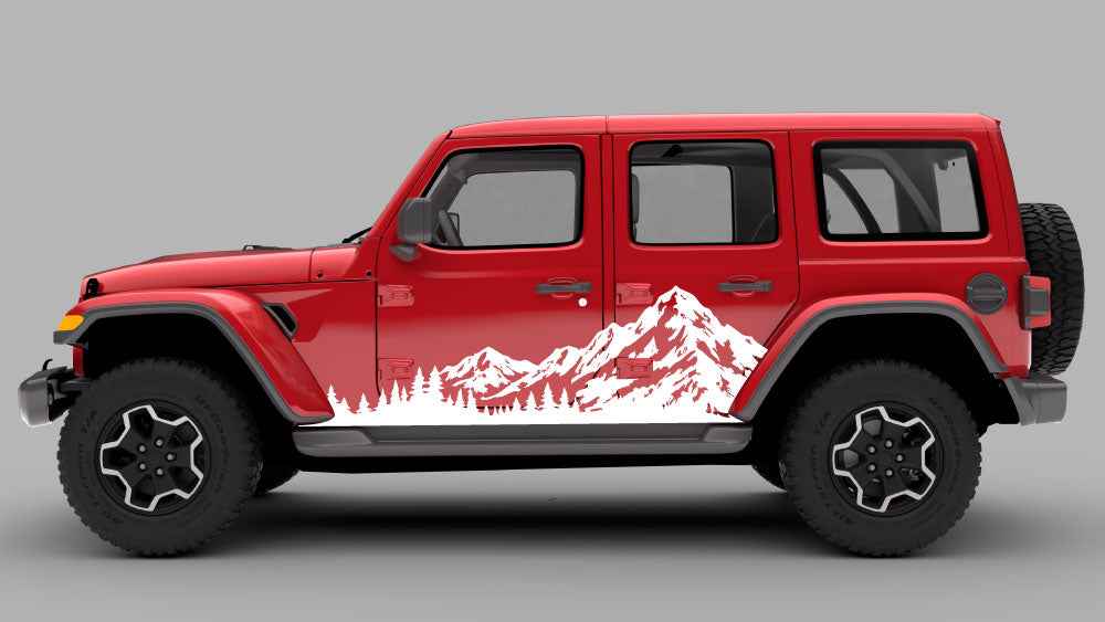 Red Jeep Wrangler JL JLU with Alpine Ridge mountain and forest side decal in white