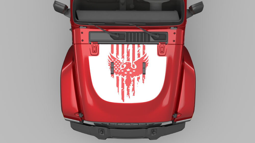 American Eagle Hood Decal in white installed on red Jeep Wrangler JL hood