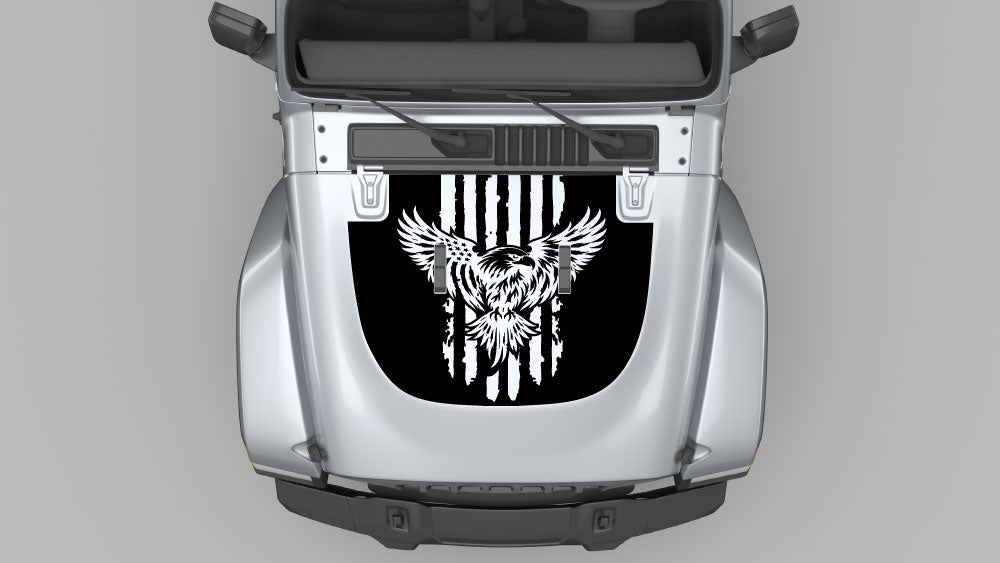 American Eagle Rising hood decal on Jeep Wrangler JL - black vinyl graphic on silver hood