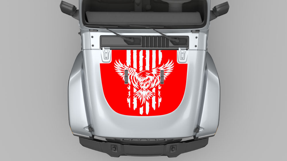 American Eagle Rising hood decal on Jeep Wrangler JL - red vinyl graphic on silver hood