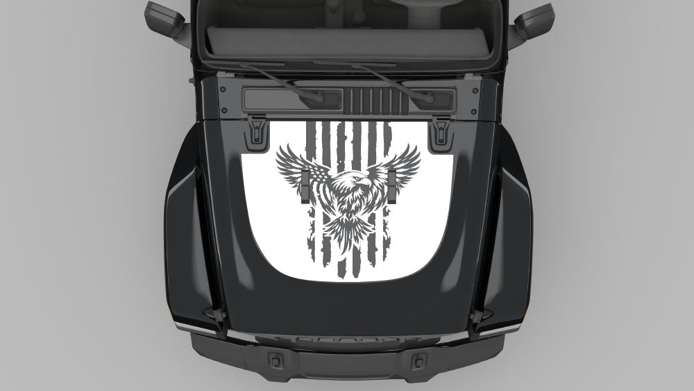 American Eagle Rising hood decal on Jeep Wrangler JL - white vinyl graphic on red hood