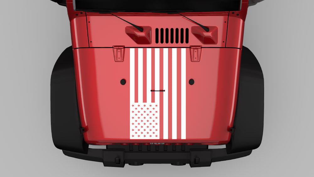 White American flag vertical stripe hood decal on red Jeep Wrangler JK hood