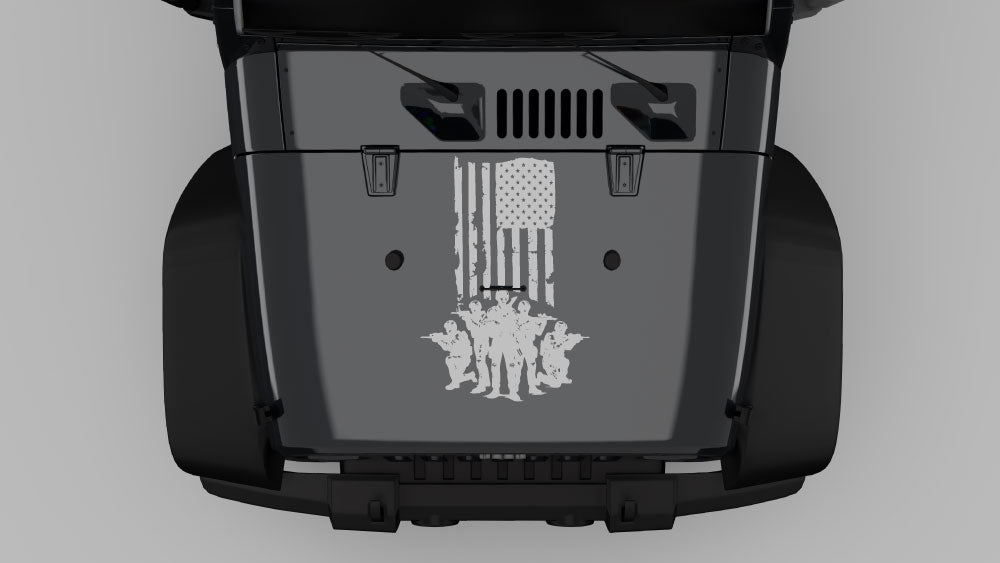 Gray American flag warrior hood decal graphics on black Jeep Wrangler JK hood