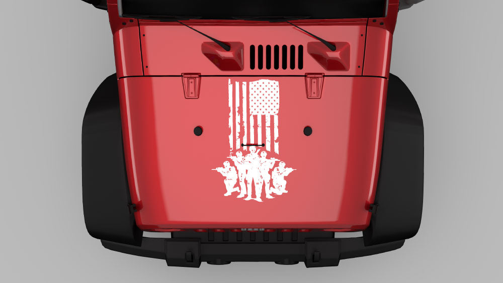 White American flag warrior hood decal graphics on red Jeep Wrangler JK hood