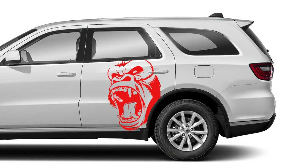 Dodge Durango (3rd Gen) white SUV with red angry monkey face rear door vinyl side decal graphic