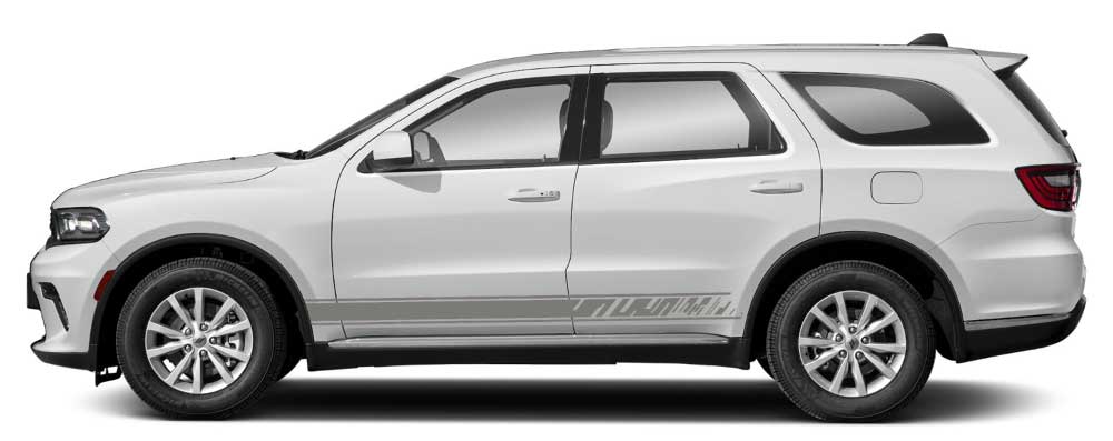 White Dodge Durango 3rd Gen with gray Apex cutline racing rocker stripe graphics kit