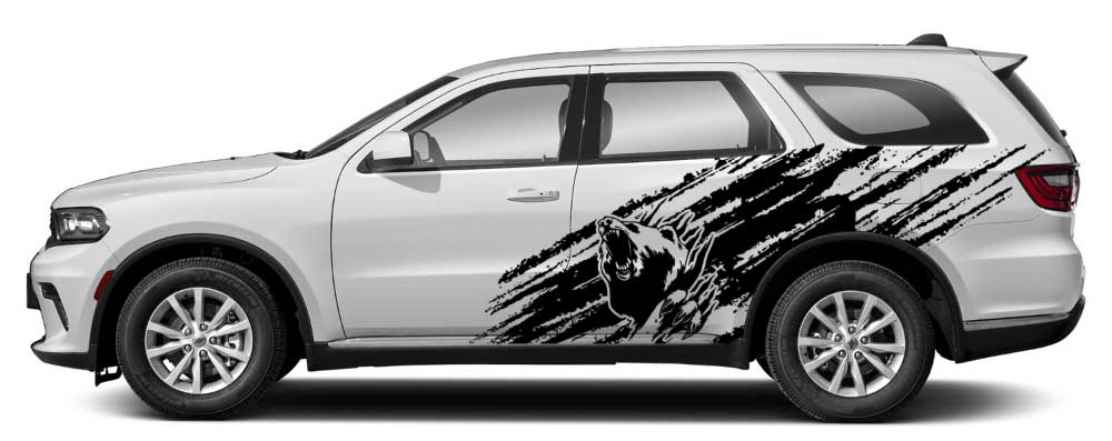 White Dodge Durango (3rd Gen) with black bear splash side decal on rear door and quarter panel.