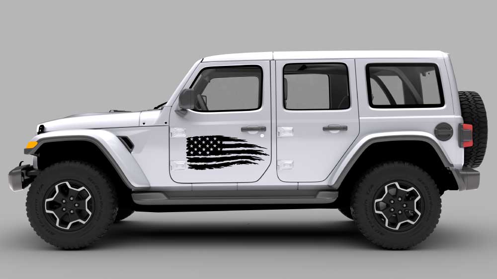 Silver Jeep Wrangler JL with black brush stroke USA flag door decal