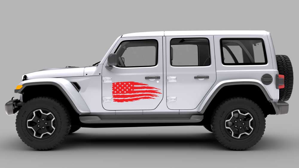 Silver Jeep Wrangler JL with red brush stroke USA flag door decal