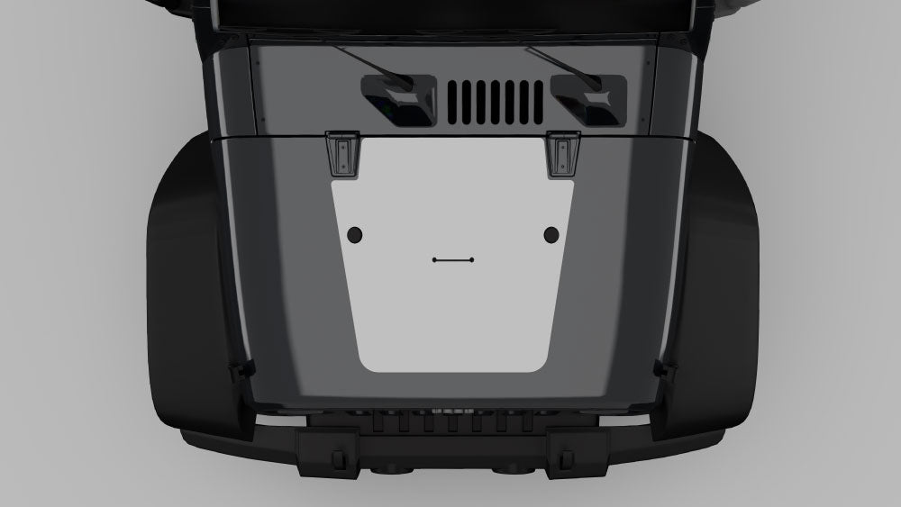 Gray center blackout hood decal on black Jeep Wrangler JK