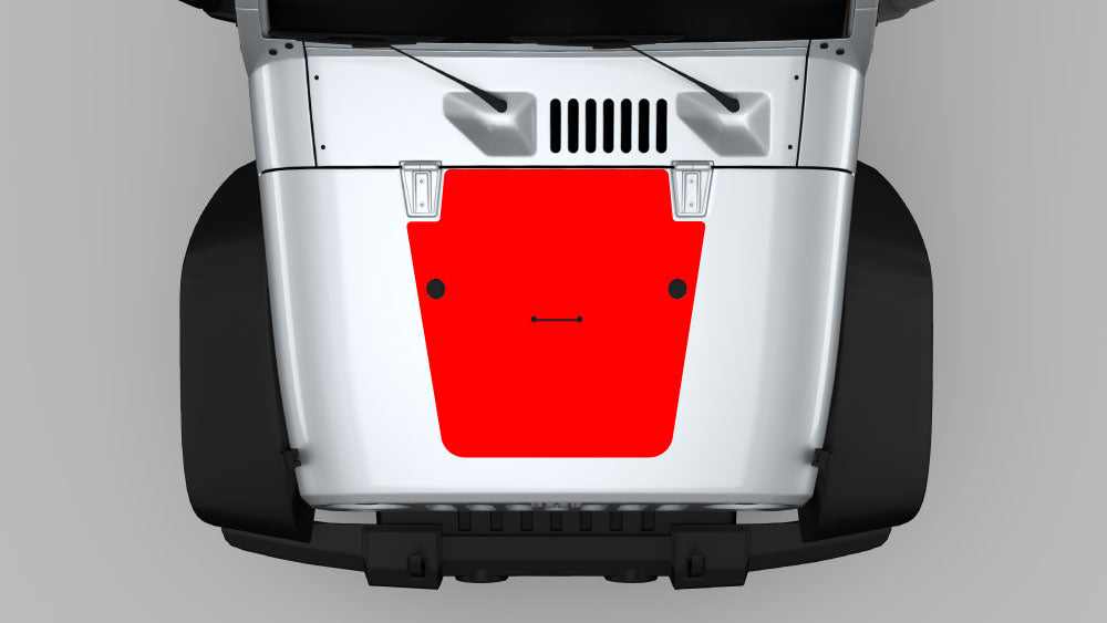 Red center blackout hood decal vinyl graphic on Jeep Wrangler JK hood