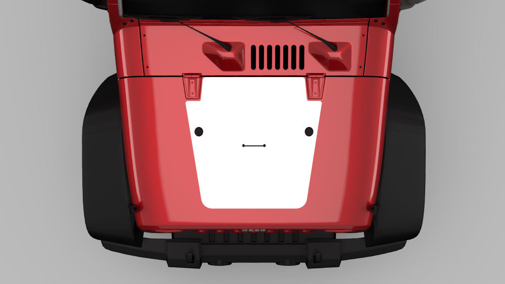 White center blackout hood decal graphic on red Jeep Wrangler JK hood