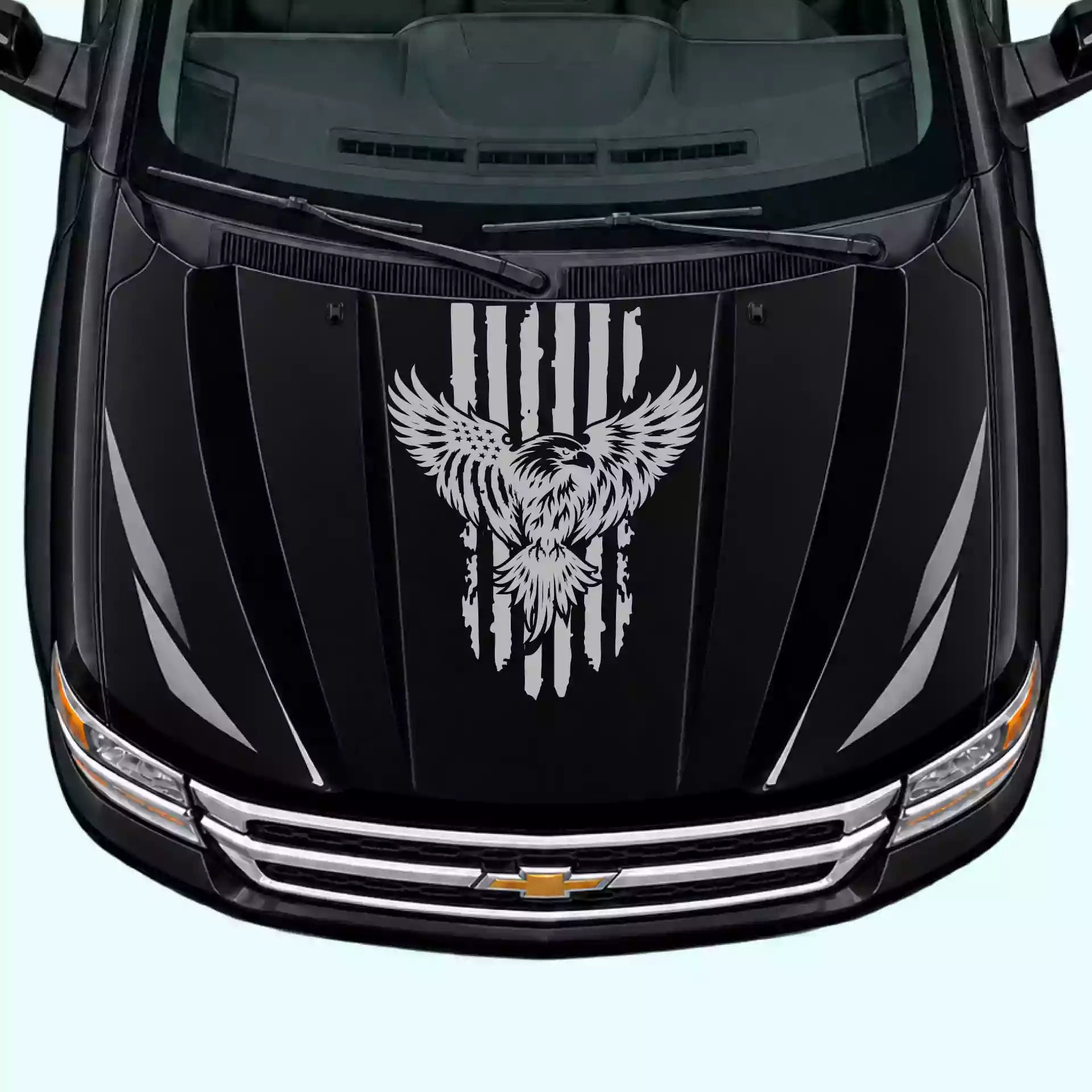 2007-2013 Chevrolet Silverado Eagle USA Flag Hood Decals Vinyl Graphics Kit Gray