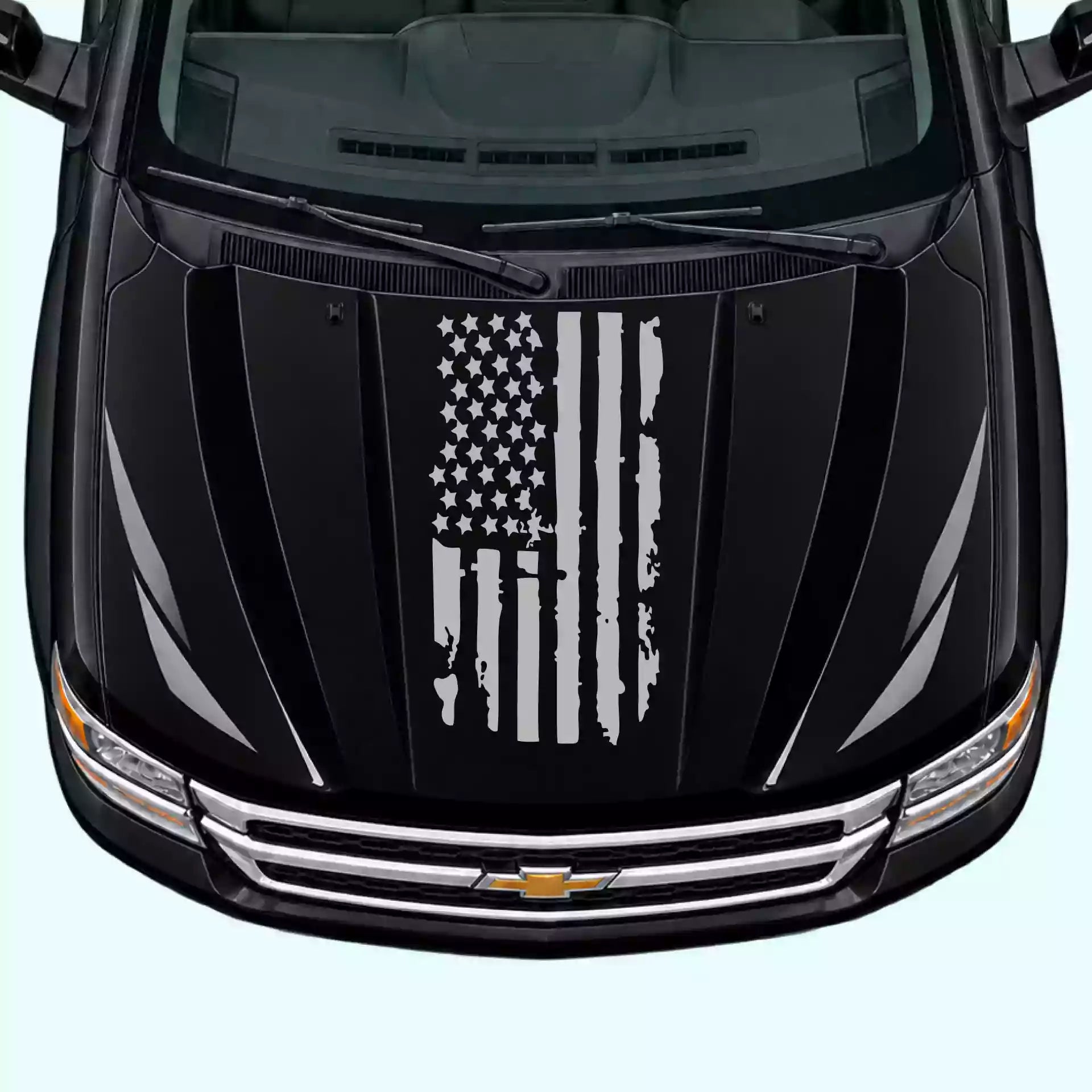 2007-2013 Chevrolet Silverado Shred American Flag Hood Decals Vinyl Graphics Kit Gray