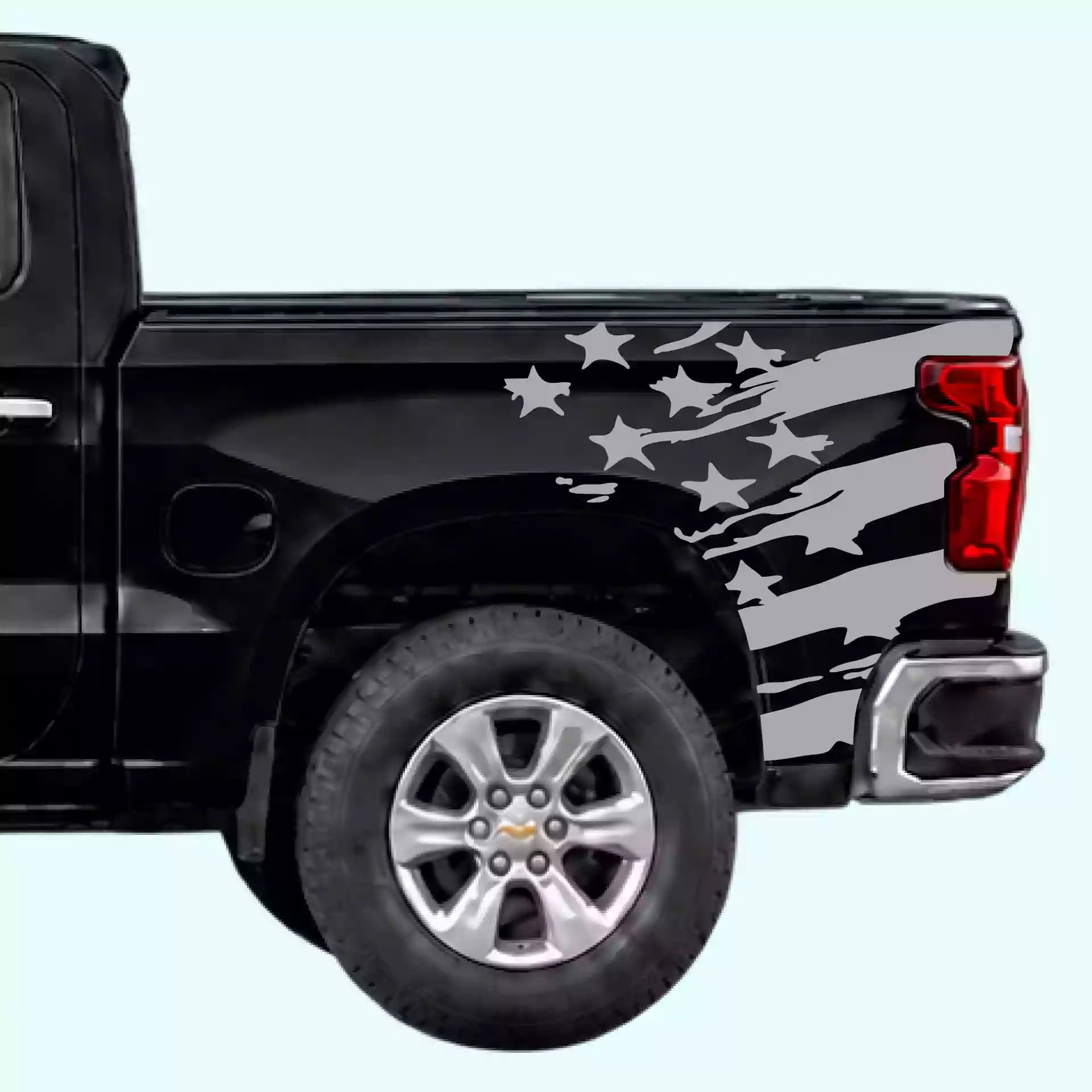 2019-present Chevrolet Silverado USA Flag Shred Bed Decals Vinyl Graphics Kit Gray