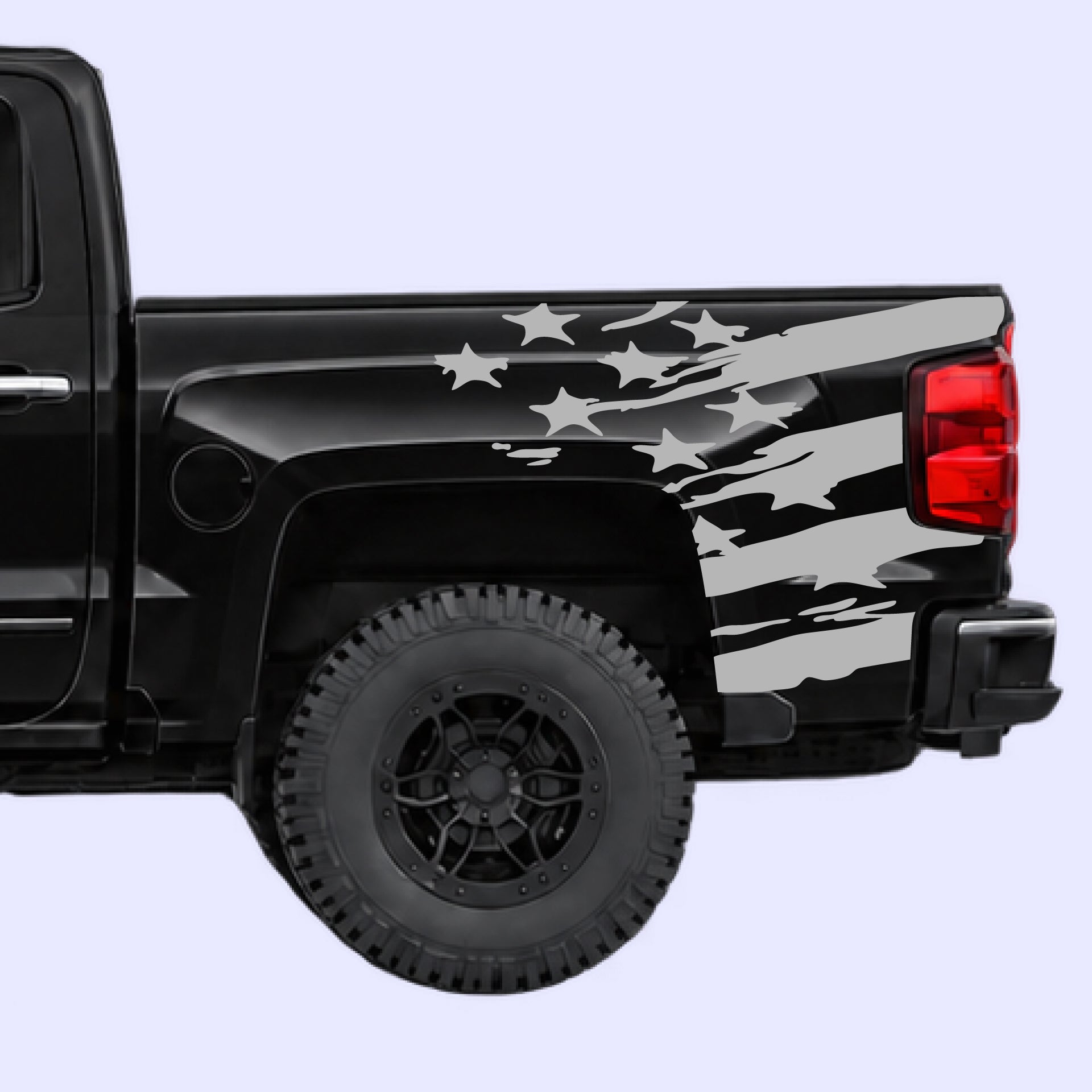 2014-2019 Chevrolet Silverado USA Flag Shred Bed Decals Vinyl Graphics Kit Gray