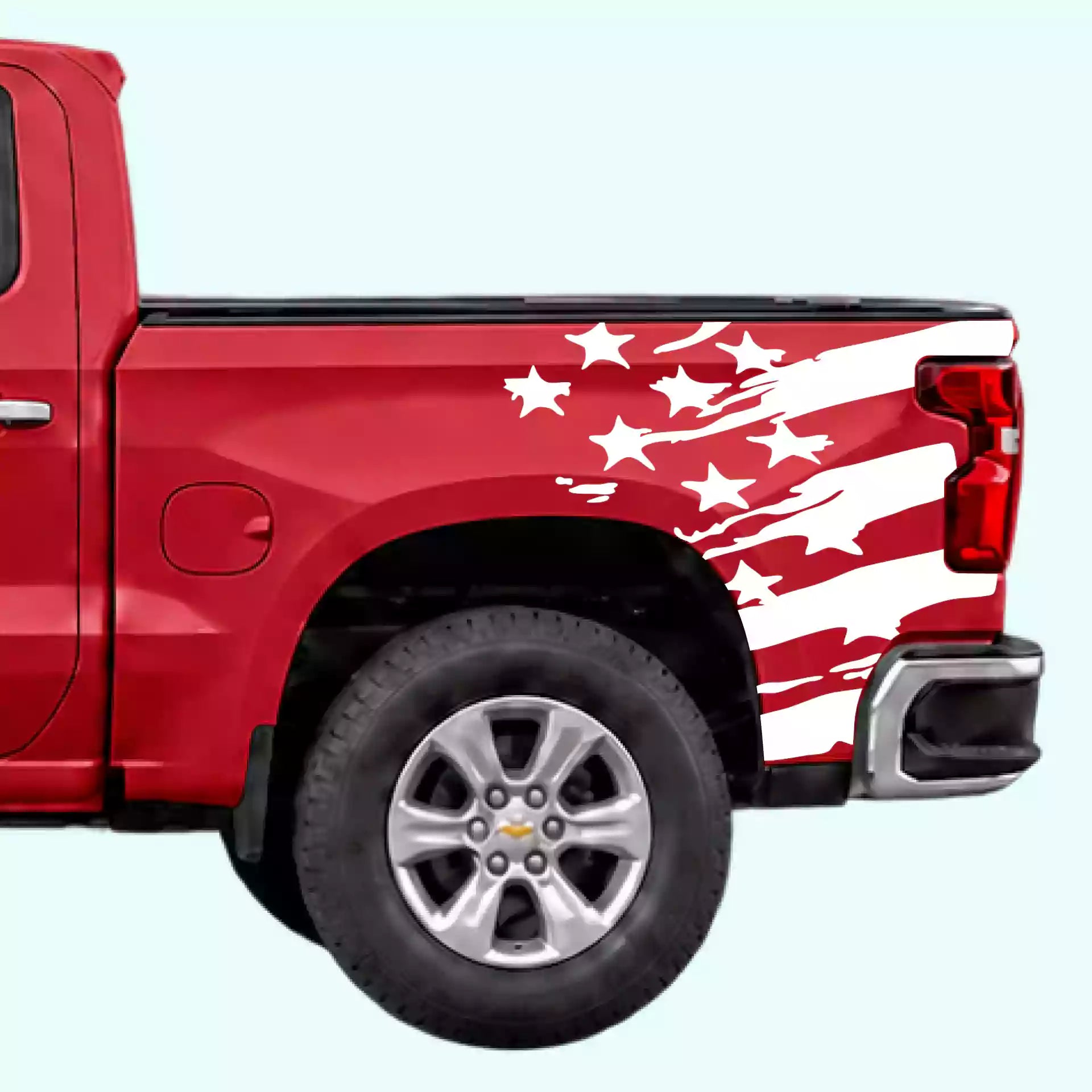 2019-present Chevrolet Silverado USA Flag Shred Bed Decals Vinyl Graphics Kit White