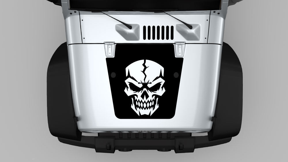 Cracked reaper skull hood decal graphic on Jeep Wrangler JK hood