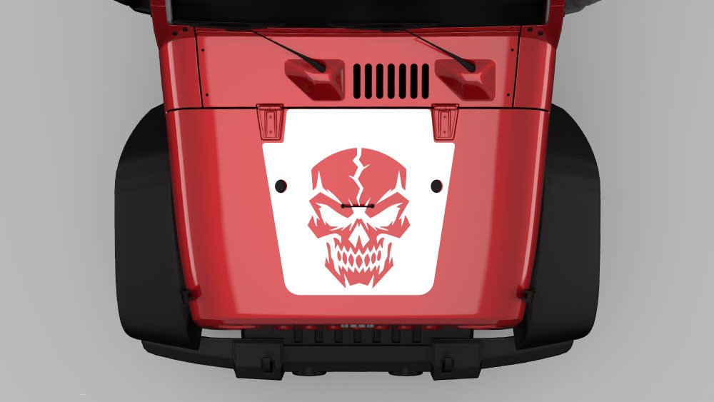 White cracked reaper skull hood decal on red Jeep Wrangler JK hood