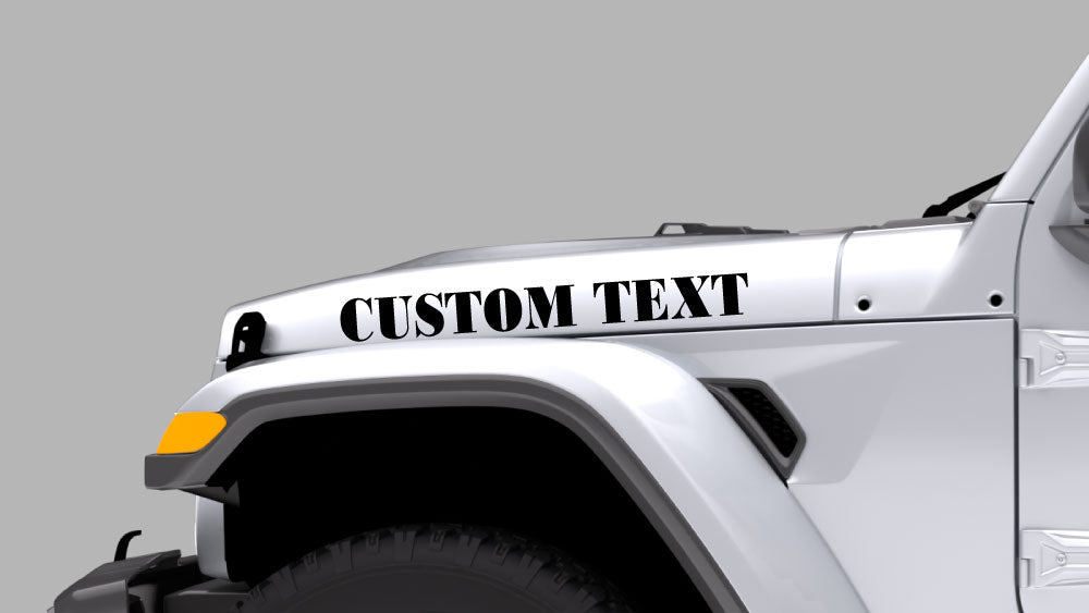 Black custom text hood side decal on white Jeep Wrangler JL personalized vinyl lettering graphic on hood side