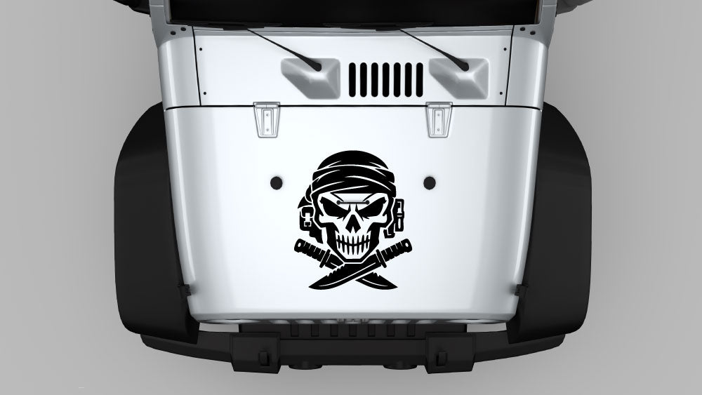 Desert Raider skull hood decal on Jeep Wrangler JK hood, black vinyl graphic