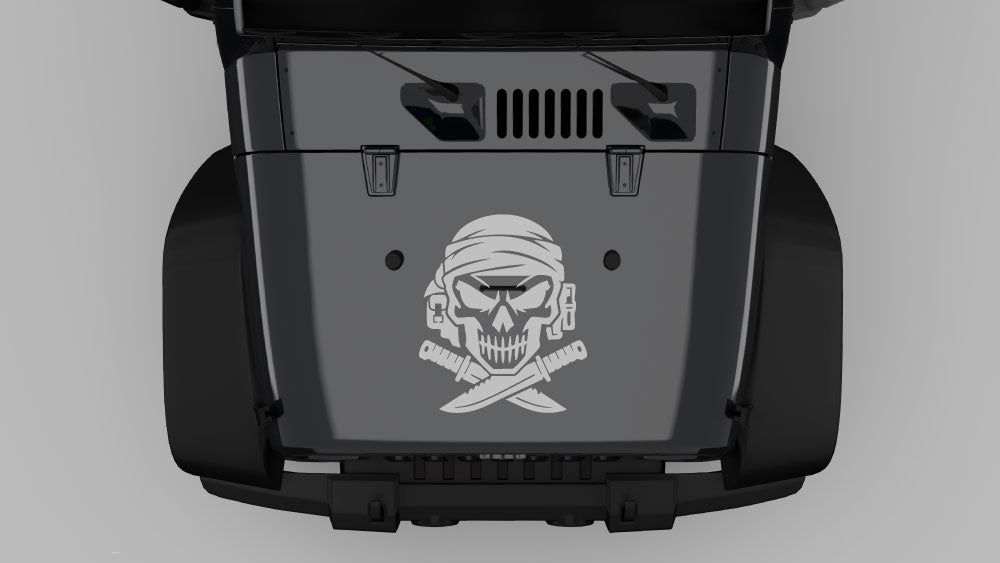 Desert Raider skull hood decal on Jeep Wrangler JK hood, gray vinyl graphic preview