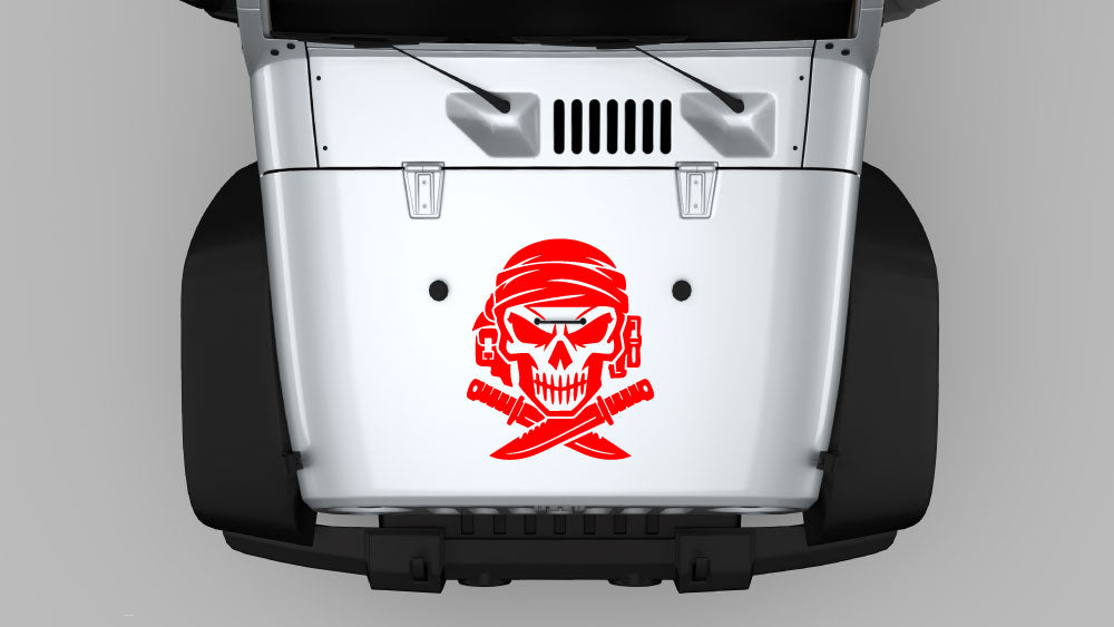Desert Raider skull hood decal on Jeep Wrangler JK hood, red vinyl graphic