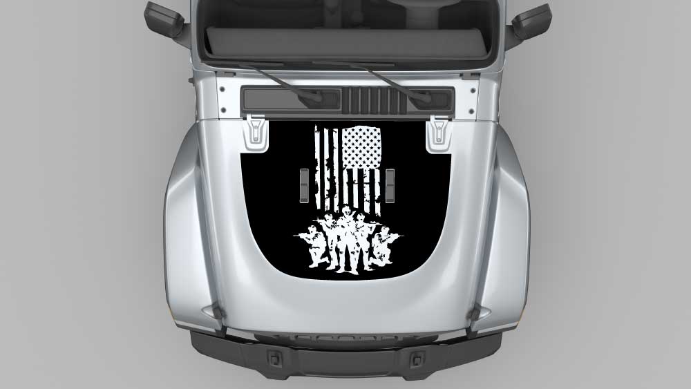 Distressed American flag soldier tribute hood decal in black on silver Jeep Wrangler JL