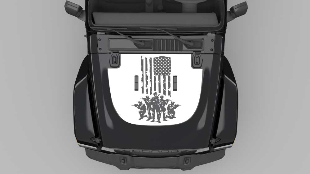 Distressed American flag soldier tribute hood decal in white on black Jeep Wrangler JL