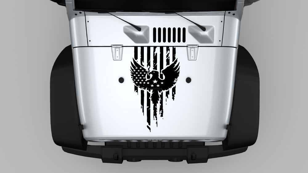 Black distressed eagle American flag hood decal on Jeep Wrangler JK