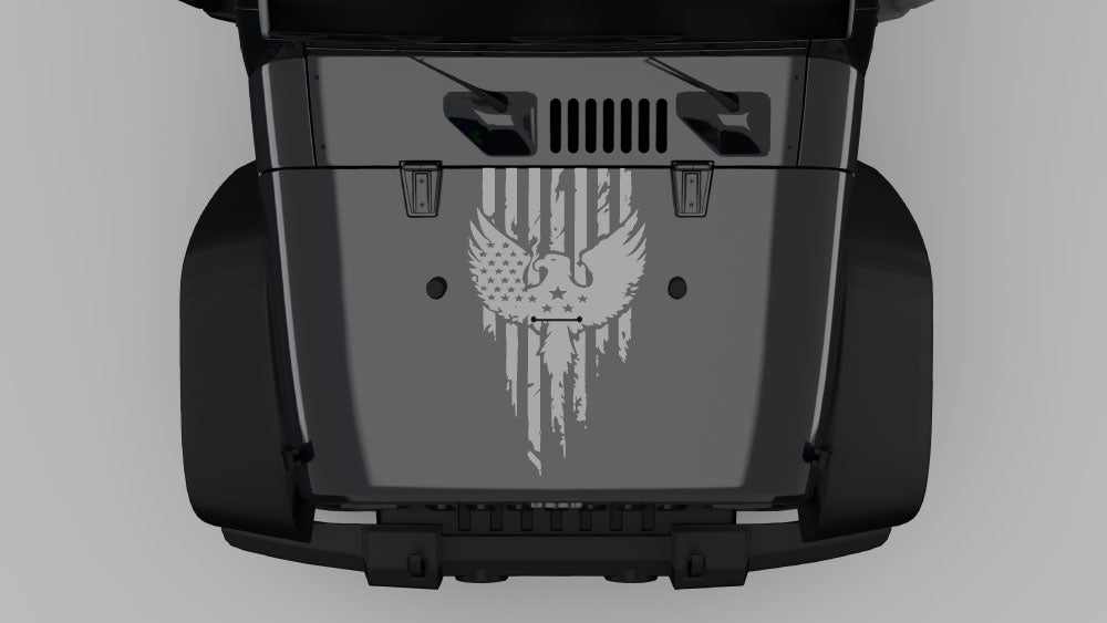 Gray distressed eagle American flag hood decal graphics on Jeep Wrangler JK hood