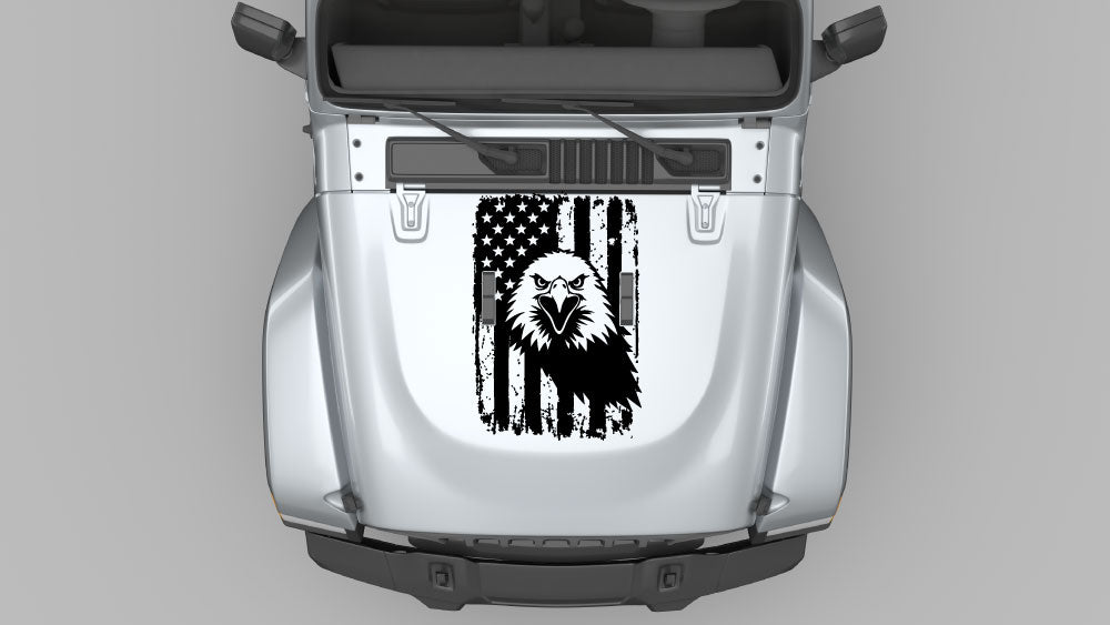 Distressed eagle patriot flag hood decal in black on silver Jeep Wrangler JL