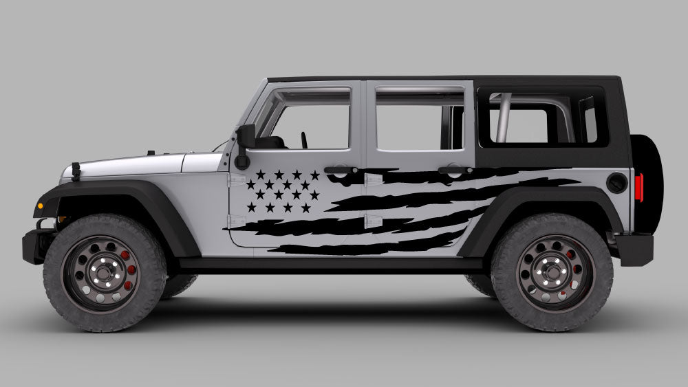 Jeep Wrangler JK JKU with distressed USA flag side door decal graphics in black