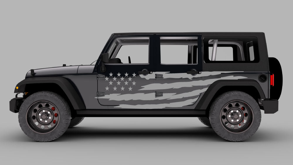 Jeep Wrangler JK JKU with distressed USA flag side door decal graphics in gray