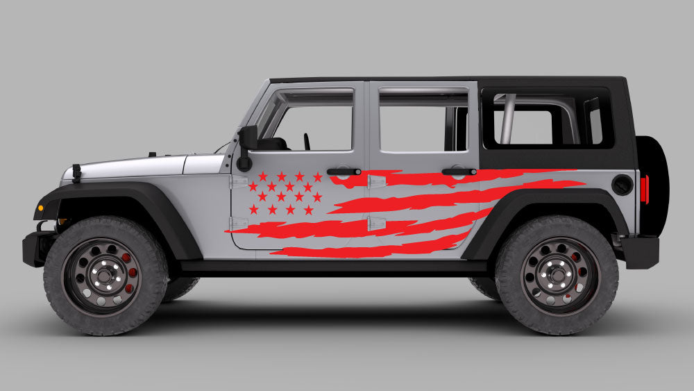 Jeep Wrangler JK JKU with distressed USA flag side door decal graphics in red