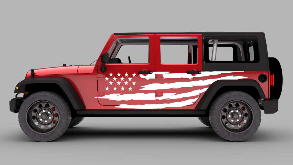 Jeep Wrangler JK JKU with distressed USA flag side door decal graphics in white