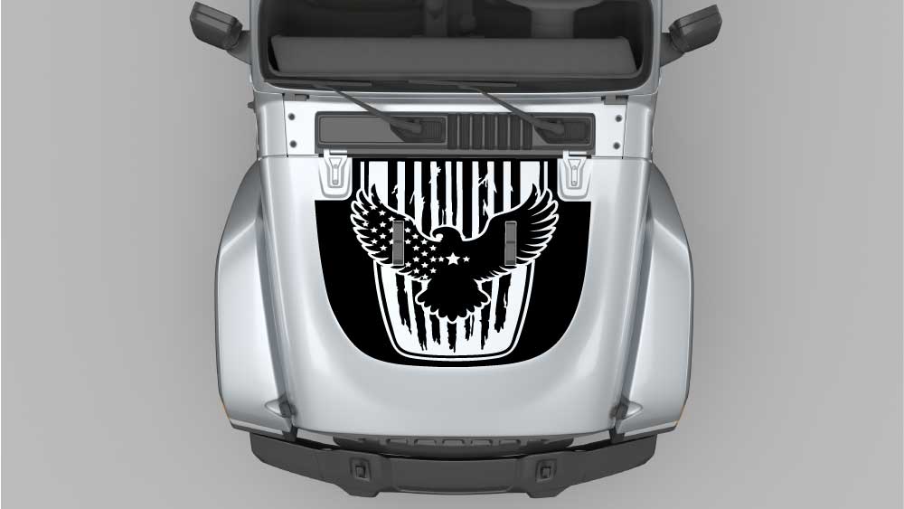 Eagle Patriot hood decals graphics on silver Jeep Wrangler JL, black eagle vinyl hood graphic