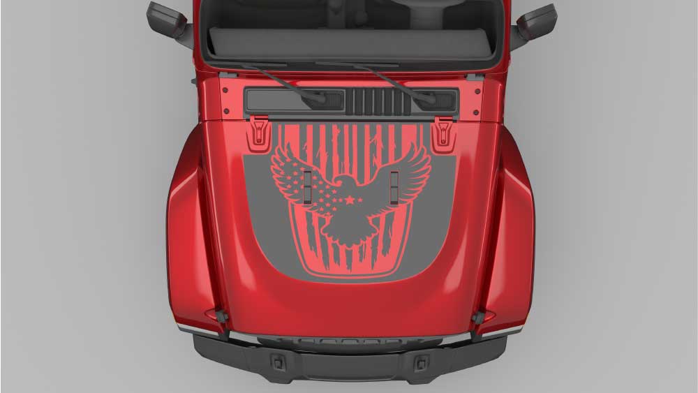 Eagle Patriot hood decals graphics on red Jeep Wrangler JL, patriotic eagle design vinyl hood decal