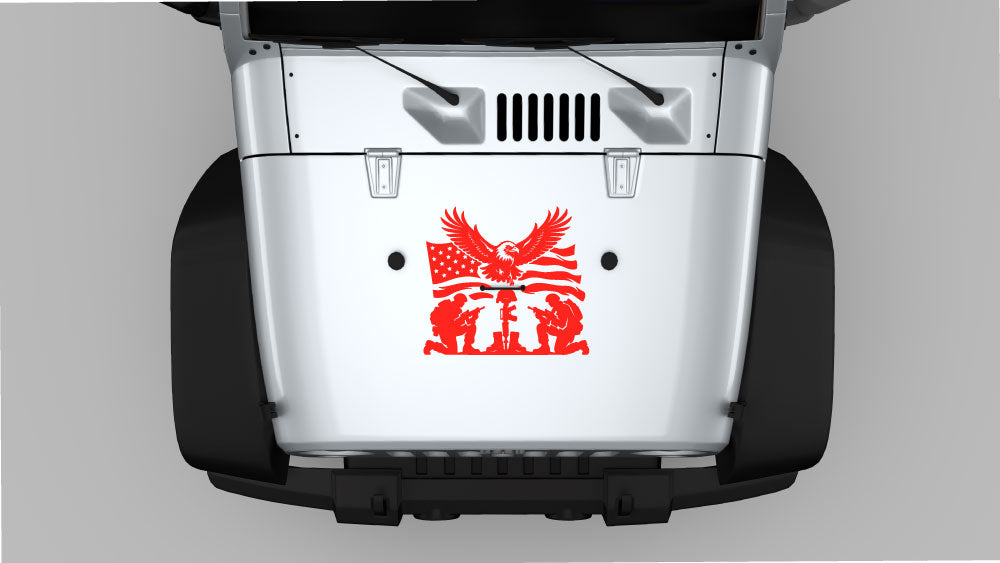 White Jeep Wrangler JK hood displaying red Eagle of Remembrance hood decal with patriotic eagle, flag, and soldier memorial artwork.