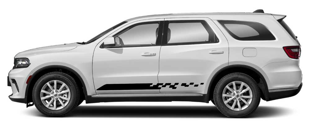 White Dodge Durango with black Finishline pixel rocker stripe decals on the lower rocker panels and rear side section.