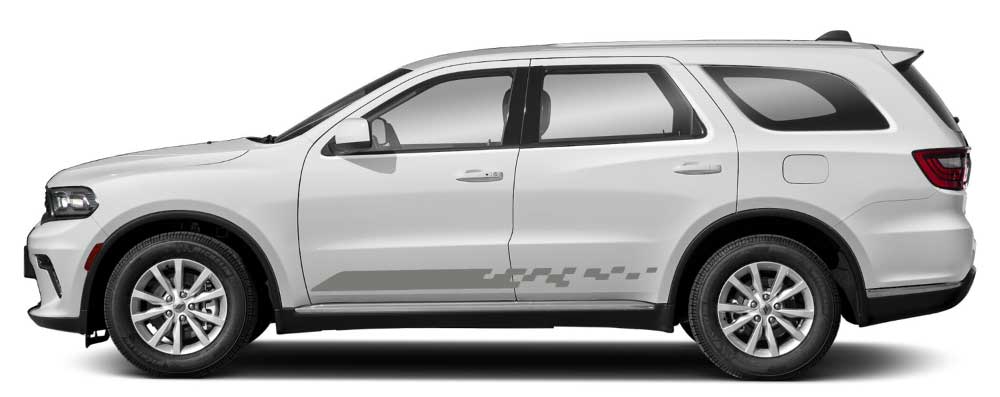 White Dodge Durango with gray Finishline pixel rocker stripe decals installed on the lower rocker panel area.