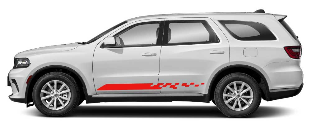 White Dodge Durango with red Finishline pixel rocker stripe decals running across the lower side doors.