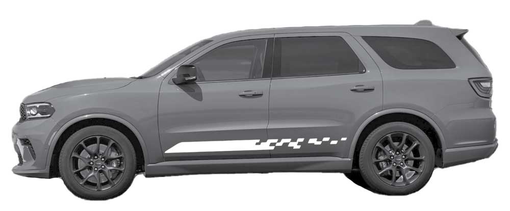 Gray Dodge Durango with white Finishline pixel rocker stripe decals along the lower doors and rear quarter panel.