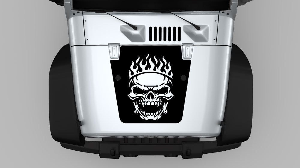 Flaming skull hood decal on white Jeep Wrangler JK with black hood wrap